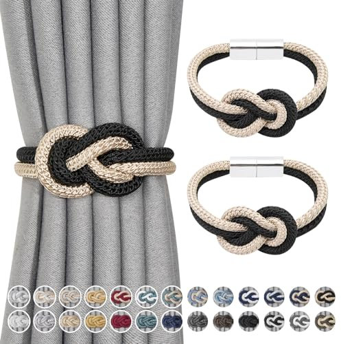Pretty Jolly 2 Pack Mini Magnetic Curtain Tiebacks Nordic Simple Style Drape Tie Backs Elegant Hand Weave Rope Knot Decorative Curtain Holdbacks for Home & Office Window Drapery (Black & Beige)