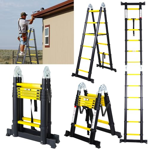 Fiqops Teleskopleiter, 3.8M (1,9+1,9) Rutschfester Aluminium Stehleiter, 150 KG/330 Pfund Belastbarkeit Ausziehbare Leiter Aluminiumleiter mit Tragegriff, Mehrzweckleiter