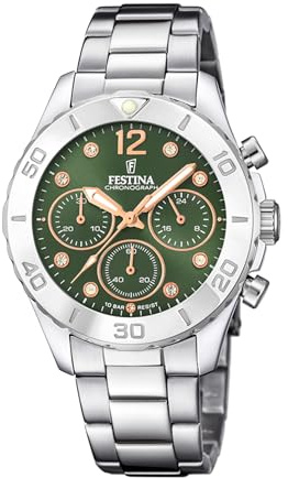 Festina Damen Uhr Analog Edelstahl 316L Silber - Quarz Chronograph - Mineralglas hochresistent - 10 ATM wasserdicht F20603/5 - Boyfriend Collection