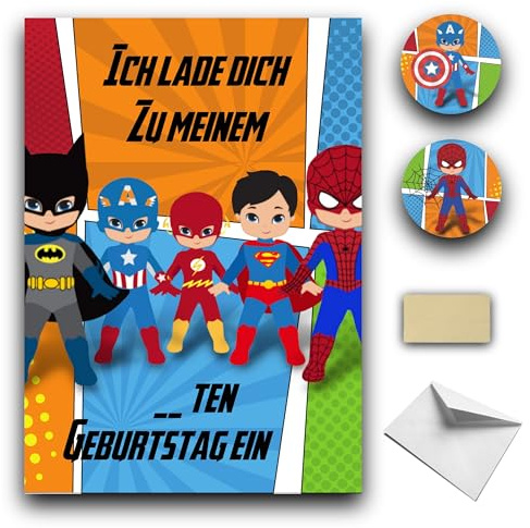 RXLITE Premium qualitat-Kreativset mit 10 Superheld thema Einladungskarte zum Geburtstag auf Deutsch: 10 Karten, 10 weiße Umschläge, 10 Sticker und 10 magische goldene Aufkleber