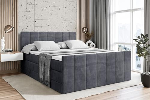 ALTDECOR Boxspringbett mit Matratze und Lattenrost, Topper, Fußteil,Polsterbett mit Bettkasten, Bett mit Stauraum H3- und H4- Matratze, Doppelbett - MOETI-Z King - 140x200 - Dunkelgrau Samt