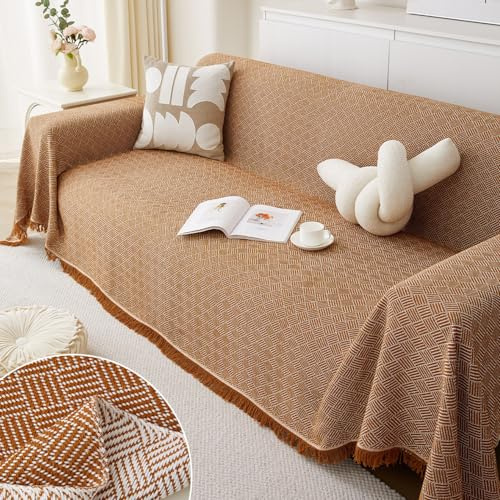 Fansu Funda de sofá Toalla, Tela Asargada Reversible Multiusos Manta Sofa para Cama Funda Protectora de Sofás Toalla Cubre Sofà Cubierta de Sofá Hogar (Café,1 Plaza(180x180cm)