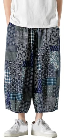 GURUNVANI Patchwork breda ben byxor elastisk midja harlem capribyxor lösa strandbyxor, 24k228blå, XL