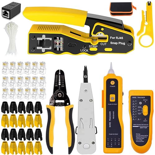 MAYLINE RJ45 Herramienta de cable de Crimpador de red, profesional de Mantenimiento RJ45/CAT5/CAT6, pelacables alicates de, LAN Probador de cables de red 50 Conectores ﻿ (Amarillo)