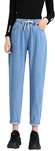 PODOLIXIA Jeans da donna a forma di carota, pantaloni Capri a vita alta, in denim, pantaloni estivi da donna, con tasche, elastico in vita dritta, jeans lavati, Blu chiaro, L