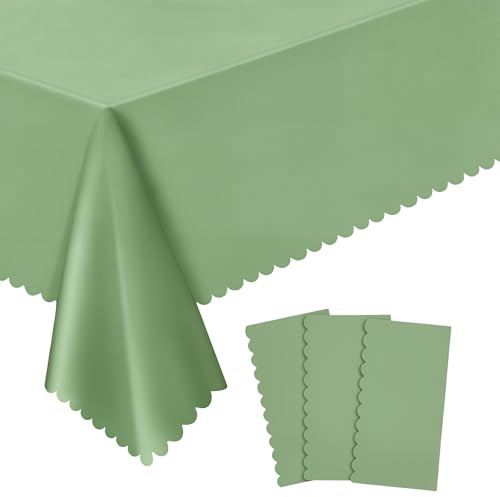 3 Pack Plastic Sage Green Tablecloth, 54 X 108Inch Scalloped Table Cover Disposable Sage Green Tables Cloth for Rectangle Tables Waterproof Table Cover for Baby Shower Bridal Tea Party Wedding