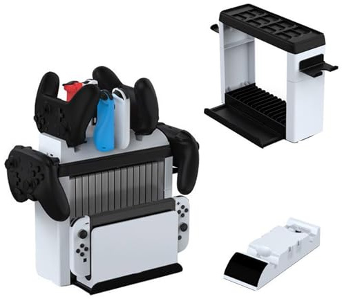 AriKroii Supporto al Gioco Torre per Switch/OLED, Caricatore Joystick PS5, Caricatore per Joy c on con 12 Slot di Giochi, 15 CD da Gioco, Controller Switch Pro, TV Dock, Accessori da Gioco