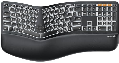 ProtoArc Backlit Bluetooth Ergonomic Keyboard, EK01 Plus Full Size Wireless Split Keyboard with Dual Bluetooth and USB, Cushioned Wrist Rest, Rechargeable, Compatible with Windows/Mac/Android, Black