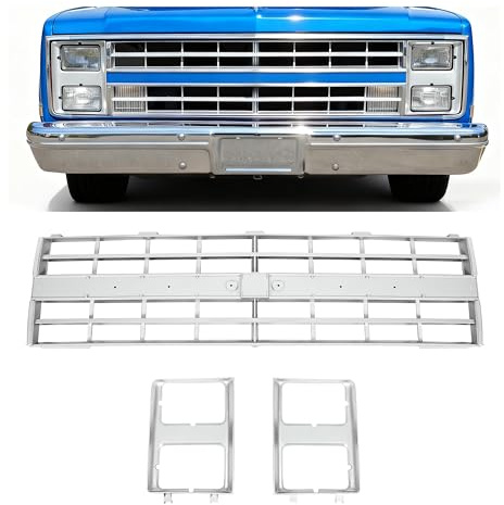 KUAFU Front Grille Grill & Headlight Bezel Compatible with 1985-1988 Chevy C10/C20/C30/K5/K10/K20/K30/R10/R20/R30/V10/V20/V30 Blazer Suburban 15598727 15598728 GM1200140 GM2513126 Chrome