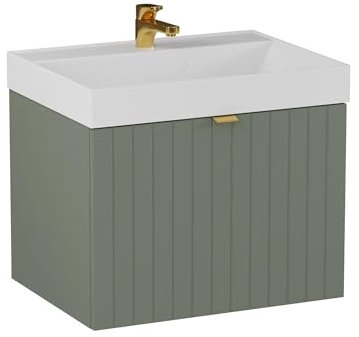 BadeDu Esla Waschbecken mit Unterschrank – 59 cm Breit, Gussmarmor Waschbecken in Weiß mit Waschbeckenunterschrank in Grün, 2 Schubladen mit Soft-Close-System