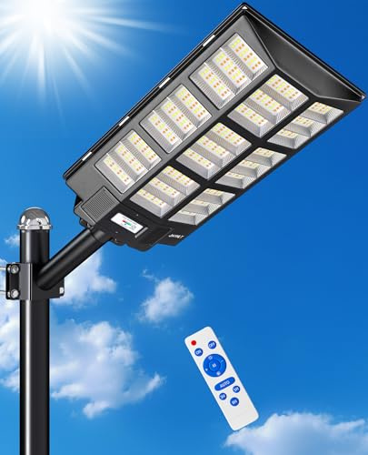 JAYNLT 5000W Lampione Solare Led Esterno, 6500K Faro Stradale con Pannello Solari, IP67 Impermeabile Luci Solari di Sicurezza, Lampioni Stradale con Sensore Movimento per Sentieri, Vialetti, Giardino