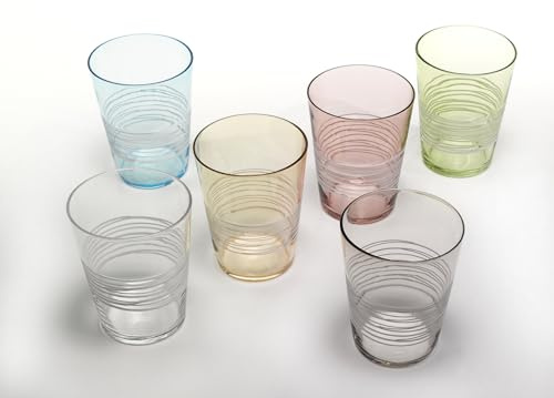 Zafferano Filante in vetro trasparente fatto a mano, decorato con fili in vetro smerigliato, cl 40, h 108 mm, d 95 mm, set da 6 pezzi, colori assortiti
