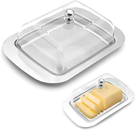 Mantequillera de acero inoxidable, con tapa y asa, mantequilla, mantequilla, plato de mantequilla, capacidad para 250 g de mantequilla, de acero inoxidable, para guardar queso, platos fríos, tartas