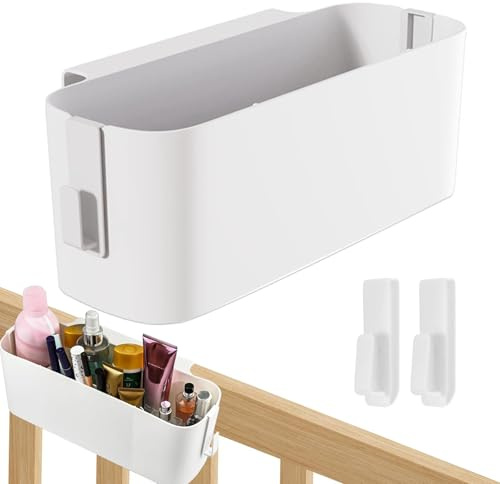 Bett Organizer zum Einhängen, Hängebett Organizer Aufbewahrungskorb, Nachttisch Bett Bettablage Betttasche Boxen mit 2 Abnehmbarer Haken, Bett Organizer Box, für Büro, Zuhause, Wohnheim(Weiß)