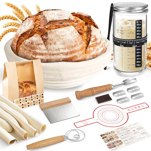 NZQXJXZ Gärkörbchen, 100% Natürlichem Rattan, Gärkorb Zum Brotbacken-Set, Brotkorb Mit 32OZ Gärglas mit Spatel, Leicht Zu Reinigen Brot Backen Zubehör für Professionelle und Häusliche Bäcker, 16pcs