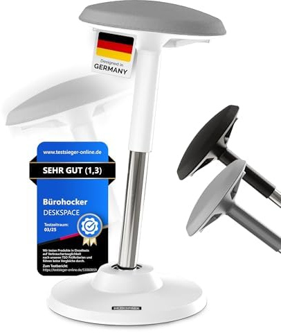 DESKSPACE Motion Sitzhocker - Stehhocker höhenverstellbar, ergonomischer Hocker bis 140kg mit CushCloud-Polsterung, Gasfeder & 3D-Sitzmechanik, Bürohocker ergonomisch, Wackelhocker, Stehstuhl (Weiß)