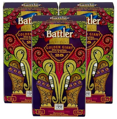 Battler Ceylon Black Tea with Wild Rosehips Hibiscus and Raspberry – 75 Foil-Sealed Teabags (3 x 25 Pack) Fruity and Floral Sri Lankan Black Tea