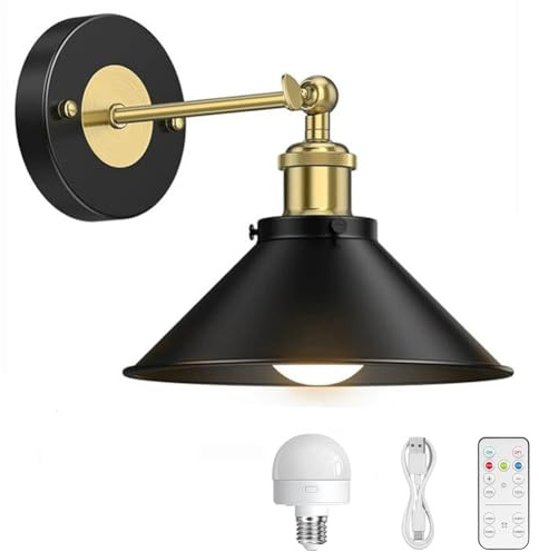 LOGT LED Vintage Wandleuchte Innen Akku Kabellos Wandlampe mit Fernbedienung Dimmbar Drehbare Wandleuchten Ohne Stromanschluss Batteriebetrieben Wandbeleuchtung USB Aufladbar Lampe Schwarz,1 stück