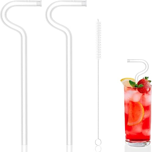 Set di cannucce in vetro riutilizzabili, 2 cannucce a forma di flauto + 1 spazzola per la pulizia, design anti-rughe, design con cannuccia laterale, vetro borosilicato, affidabile, flessibile