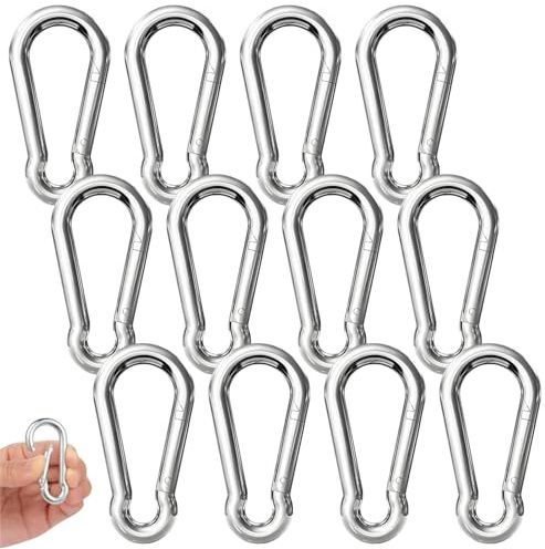 12 stycken karbinhakar rostfritt stål, 6 x 60 mm – karbinhake med en lastkapacitet på 140 kg, perfekt för nyckelringar, camping, vandring, resor och fiske (silver)