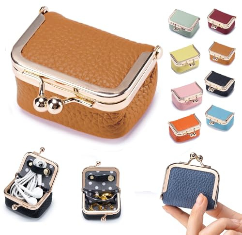 KLESZZYD Genuine Leather Mini Jewelry Box & Coin Purse for Women, Travel Jewelry Case with Kiss Lock, Holds Earrings, Rings, Necklace, Bracelet, Coins (Caramel)
