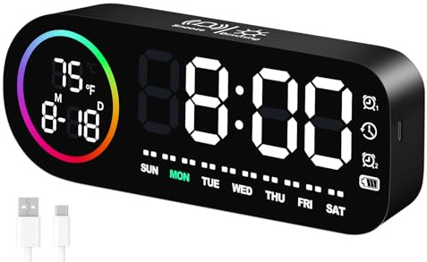 Vinabo Réveil Numérique LED 7 Couleurs - Horloge Digitale avec Affichage Température, 5 Niveaux Luminosité, Double Alarme, Snooze, USB, 12/24h - Réveil Lumineux pour Enfant & Adulte (Noir)