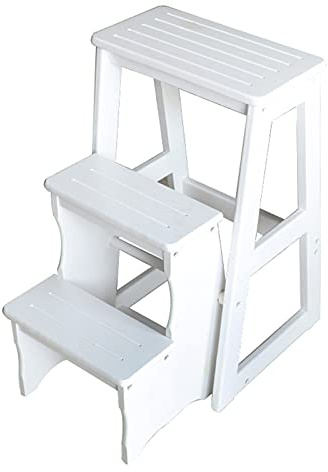 Sgabello Pieghevole in Legno - Scala Portatile e poggiapiedi per casa, Cucina, Biblioteca e soppalco - Panca Versatile per Scarpe e Mobile Decorativo (Bianco)