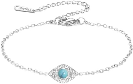 LIKGREAT Evil Eye Bracelet with Turquoise Stainless Steel Blue Eye Link Bracelet Delicate Turkish Protection Amulet Jewellery with Zirconia for Women
