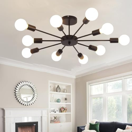 Riohan Sputnik Kronleuchter Deckenlampe, 10-Licht E27 Pendelleuchte Hängelampe Moderne Reines Schwarz LED Deckenleuchte Industrie Kronleuchter Wohnzimmerlampe für Küche Wohnzimmer Esszimmer