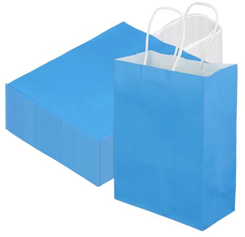 KEILEOHO 50 Stück Papiertüten Blau, 15 x 8 x 21cm Kraftpapiertüten mit Henkel, Papier Tüten Geschenktüten für Hochzeit, Geburtstag, Party, Geschenke