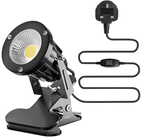 SKIKHN LED Clip on Spot Light with On/Off Switch, 7W Plug in Spot Lights, 3M Cord, IP65 Waterproof, 3000K Warm White LED Clip on Spotlights, Clamp Lamp for Painting, Garden Plant Walkway, Billboard
