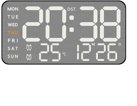 FACAIIO Reloj electrónico de pared con pantalla LED, esfera de reloj de metal cepillado, multifuncional, hora, fecha, temperatura, alarma, humedad, formato 12/24 horas, brillo adaptable