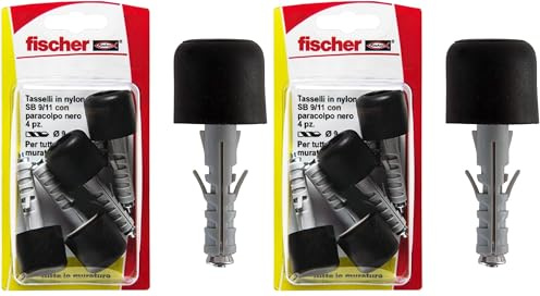 Fischer 4 Tasselli SB 9 con Paracolpi in PVC nero, Universali, Fissaggio con Fermaporta 4452 (Confezione da 2)