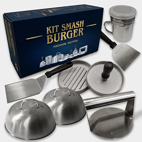 Smash Burgerpresse Set Premium - 7-teilig - Burger Smasher Set Grill aus Edelstahl 304-2 Burgerglocken, Grillspachtel Set, Gewürzstreuer + 60 Antihaftpapier - Smashed Grill Zubehör Burger