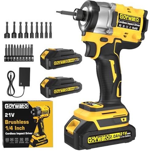 GoYwato 21V Cordless Impact Driver - 2832In-lbs(320N·m) 1/4 Hex Chuck Brushless Power Impact Driver Set With 2 x 2.0Ah Batteries & Charger & 9 x Sockets & 10 x Screwdriver Bits for Home Project & DIY