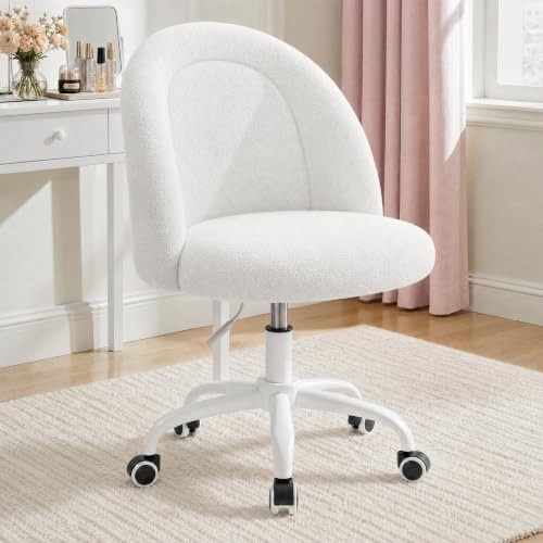 Cliporix Cream White Vanity Chair, Fluffy Teddy Fleece, U-Shaped Back Support, Height Adjustable & 360° Swivel, Armless Makeup Chair for Girls Bedroom, Small Space