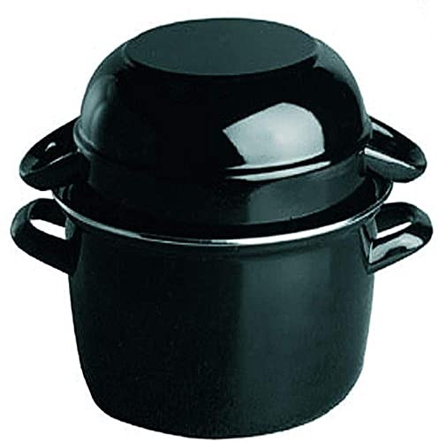 APS Cacerola para servir mejillones, 1,5 kg, olla para mariscos, olla para servir mejillones, cacerola de acero esmaltado negro, capacidad: 3,3 litros, tapa: 1,6 litros, 22,5 x 26,5 cm, altura 18 cm