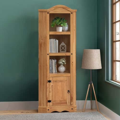 Corona Corner Display Unit Solid Wood Pine Wooden Storage 1 Door Cupboard Dining Room Bookcase Display Cabinet Dresser Kitchen Living Room Hallway Mexican Style 188cm High 74cm Wide 37cm Deep