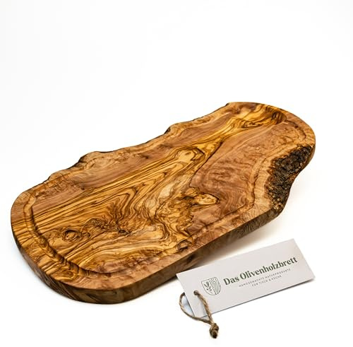 DAS OLIVENHOLZBRETT® Olivenholz Schneidebrett mit Saftrille/Servierbrett aus Olivenholz/Steakbrett/Olivenholzbrett mit Saftrille/Naturschnitt/ca. 45-49cm lang, 22-26cm breit
