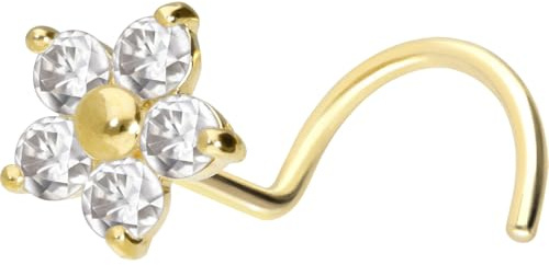 PIERCINGLINE 750 guld näsa piercing spiral 18 karat kristall blomma piercing näsa stud val av färger, Gult guld, Kubisk zirkon