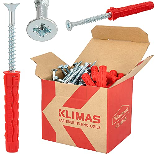 KLIMAS® Rahmendübel Ø 6 x 30 mm mit Senkkopfschraube Ø 4 x 40 mm 100 Stück | Universal-Rahmendübel zur Befestigung in Beton Ziegeln Gipsbauplatten uvm. mit Schrauben PZ-2 | Dübel Set