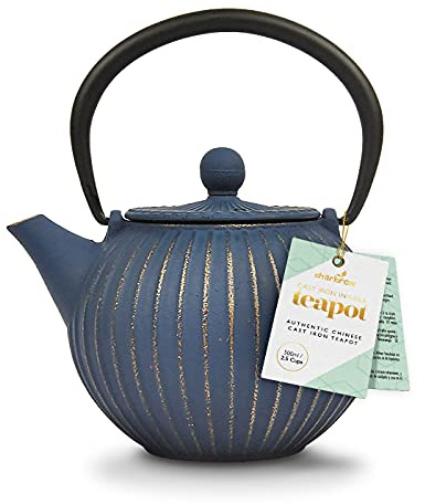 Charbrew Blue & Gold Chinese Cast Iron Teapot - 500ml | Stainless Steel Tea Infuser, Makes 2.5 Cups