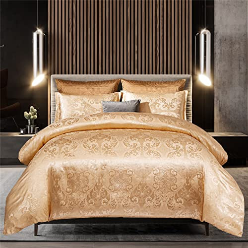 WONGS BEDDING Gold Satin Jacquard Bedding Set Silk Damask Duvet Cover Double Size Luxury Style Ultra Soft Microfiber Quilt Cover 200x200cm with 2 Pillowcases