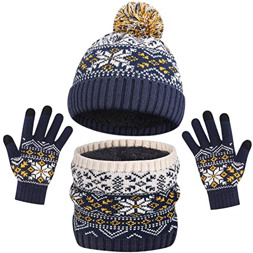 AOTOW Gorro de invierno para niños conjunto de guantes y bufanda gorro de invierno cálido 3 en 1forro polar gorro para bufanda de invierno guantes 5 a 10 años (azul)