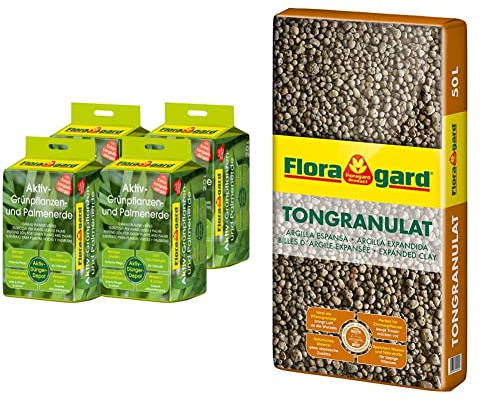 Floragard Aktiv-Grünpflanzen- und Palmenerde 4x20 L • Spezialerde für Palmen, Farne, Ficus, andere Grün- und Zimmerpflanzen • 80 L & Blähton Tongranulat zur Drainage - Hydrokultursubstrat - 50 L