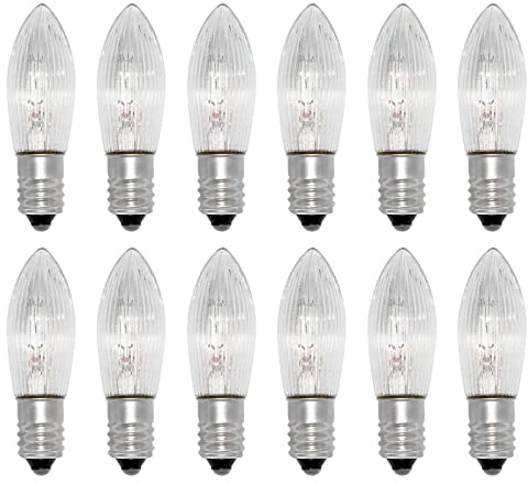Caldarax 12 Stück E10 24V 3W Ersatzbirnen Glühbirne Topkerzen für 10 Schwibbogen, Warmweiß 2700K, 30LM, Klar Riffelkerze Spitzschaftkerze, für Brennstellen, Lichterketten, Schwibbogen, Weihnachtsbaum