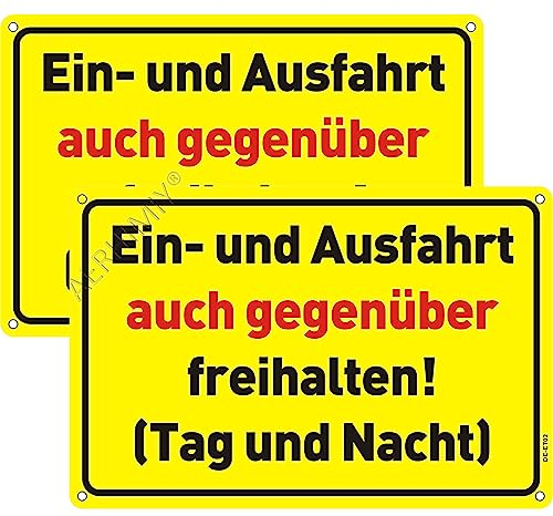 Ein- und Ausfahrt Tag und Nacht Freihalten Auch Gegenüber Schild Metall Reflektierend 20x30cm, 2 Stück Freihalten Schild Alu Gelb