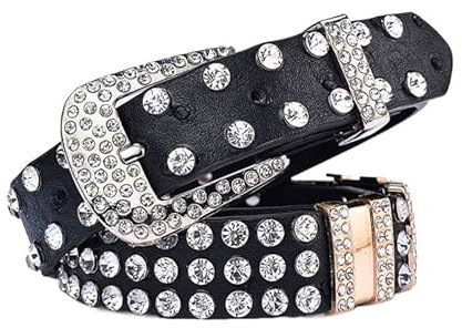 JIARY Diamant Persönlichkeit Breiter GürtelStrass Nietengürtel für Frauen, Western Ledergürtel für Cowgirl Cowboy Vintage Gürtel für Hosen Kleid,Schwarz,105CM/41.3''