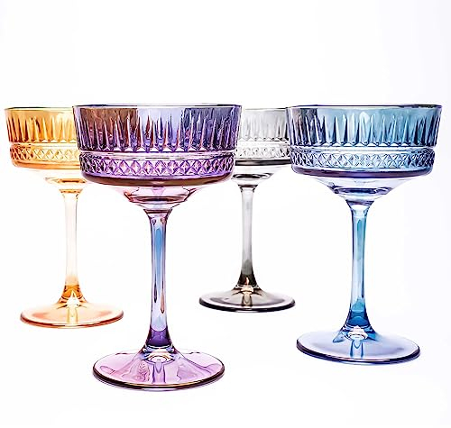 Juego de 4 Copas Cupé de Colores Vintage, 260ml/8.8oz Champán, Cóctel, Martini, Copas de Vino, Cristalería de Tallo Largo (Colorido 4 piezas)