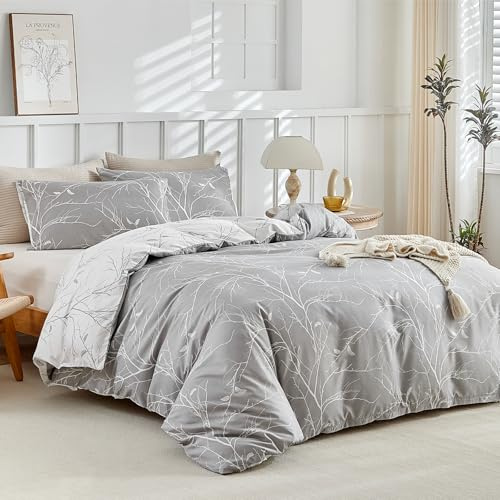 Tokokimo Set Copripiumino Matrimoniale 240x220cm, Copripiumino Matrimoniale 3 Pezzi in Microfibra Con Motivo a Ramoscelli e Foglie, Comprendente 1 Copripiumino 240x220 + 2 Federe 50x80, Grigio/Bianco